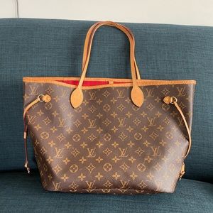 Authentic, pre-loved Louis Vuitton Neverfull MM monogram/cherry red *PURSE ONLY*